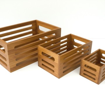 Premium Acacia Wood Slatted Storage Bins Set - Versatile Home Organizers